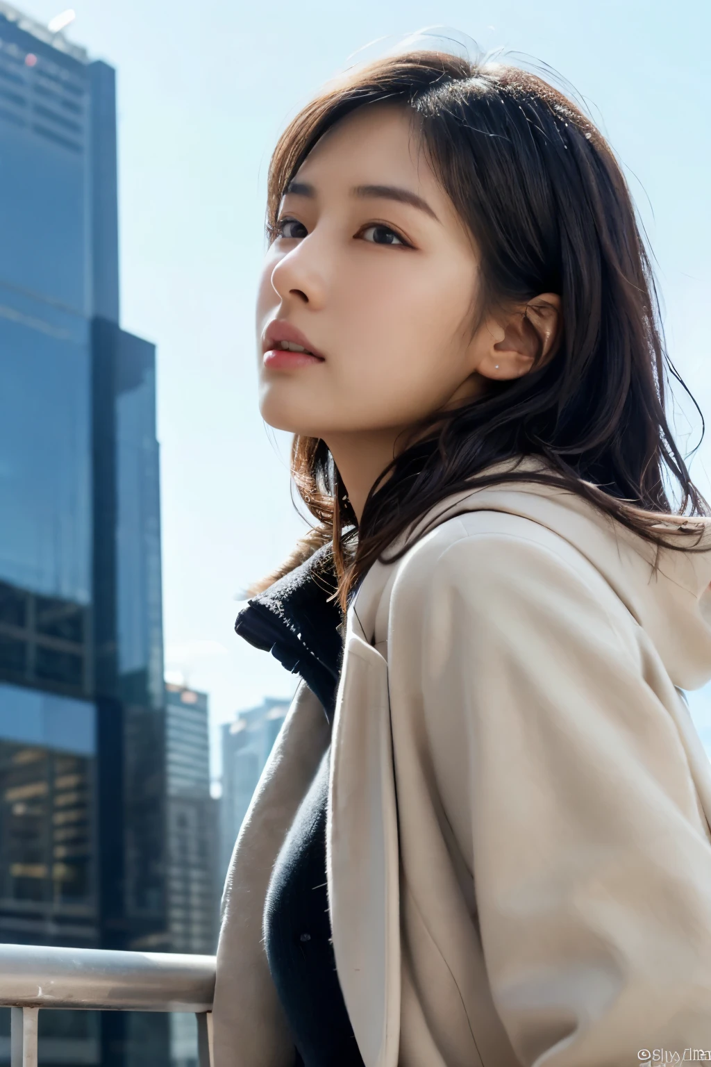 ((masutepiece:1.4, Best Quality)), (photos realistic:1.4), ((1girl in)), 
(超A high resolution:1.2), Extremely delicate and beautiful, amazing, extremely detailed CG Unity, 8k wallpaper, Ultra-detailed, High resolution, Soft light, 
Beautiful detailed girl, extremely detailed eye and face, beautiful detailed nose, Beautiful detailed eyes, 
(light beige coat:1.4), Lustrous black hair, Taut, 
Cinematic lighting, Perfect Anatomy, Slender body, 
(Towering glass skyscrapers:1.3), (sunny winter blue sky:1.4),
Cute poses, Cowboy Shot