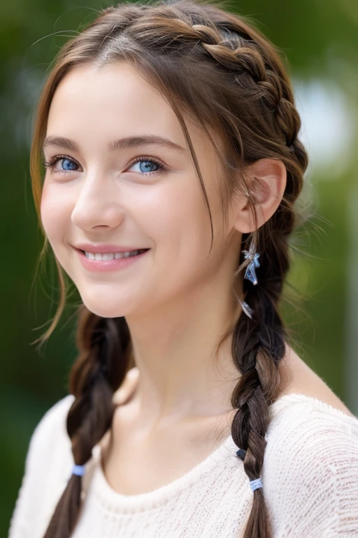 ((bestquality)), ((masterpiece)), (Detailed), perfect face,nude,baby-faced girl,small blue eyes,Celebrity nose,Little mouth, beautiful smile,Long blue braided hair