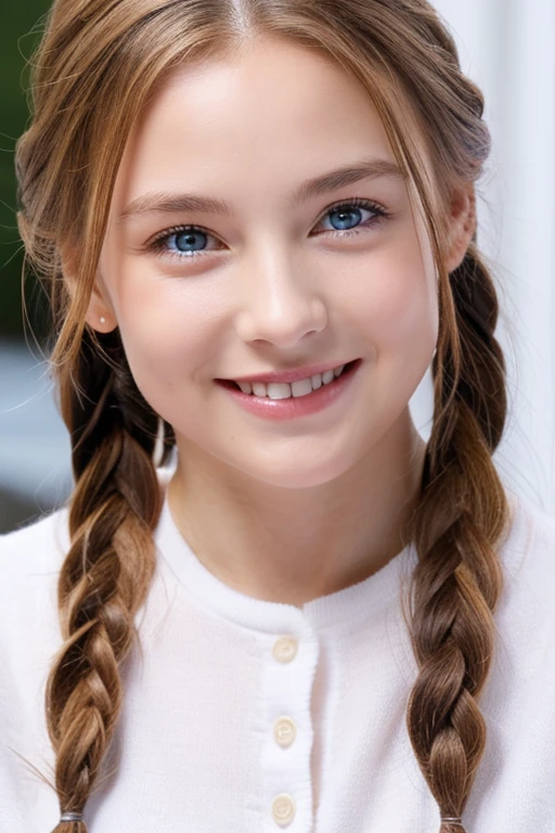 13 year old girl with medium length brown hair, children's pigtails hair, Caucasian facial structure, green eyes, a beautiful smile on her face and a deep look, she in a short tight red dress, she in a apartment, full body view