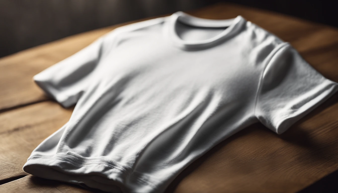 a front view shot of a white t-shirt lying flat on a wooden surface, with crisp folds and subtle shadows, creating a clean and minimalistic composition that allows the design to take center stage