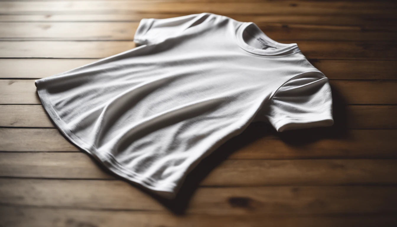 a front view shot of a white t-shirt lying flat on a wooden surface, with crisp folds and subtle shadows, creating a clean and minimalistic composition that allows the design to take center stage