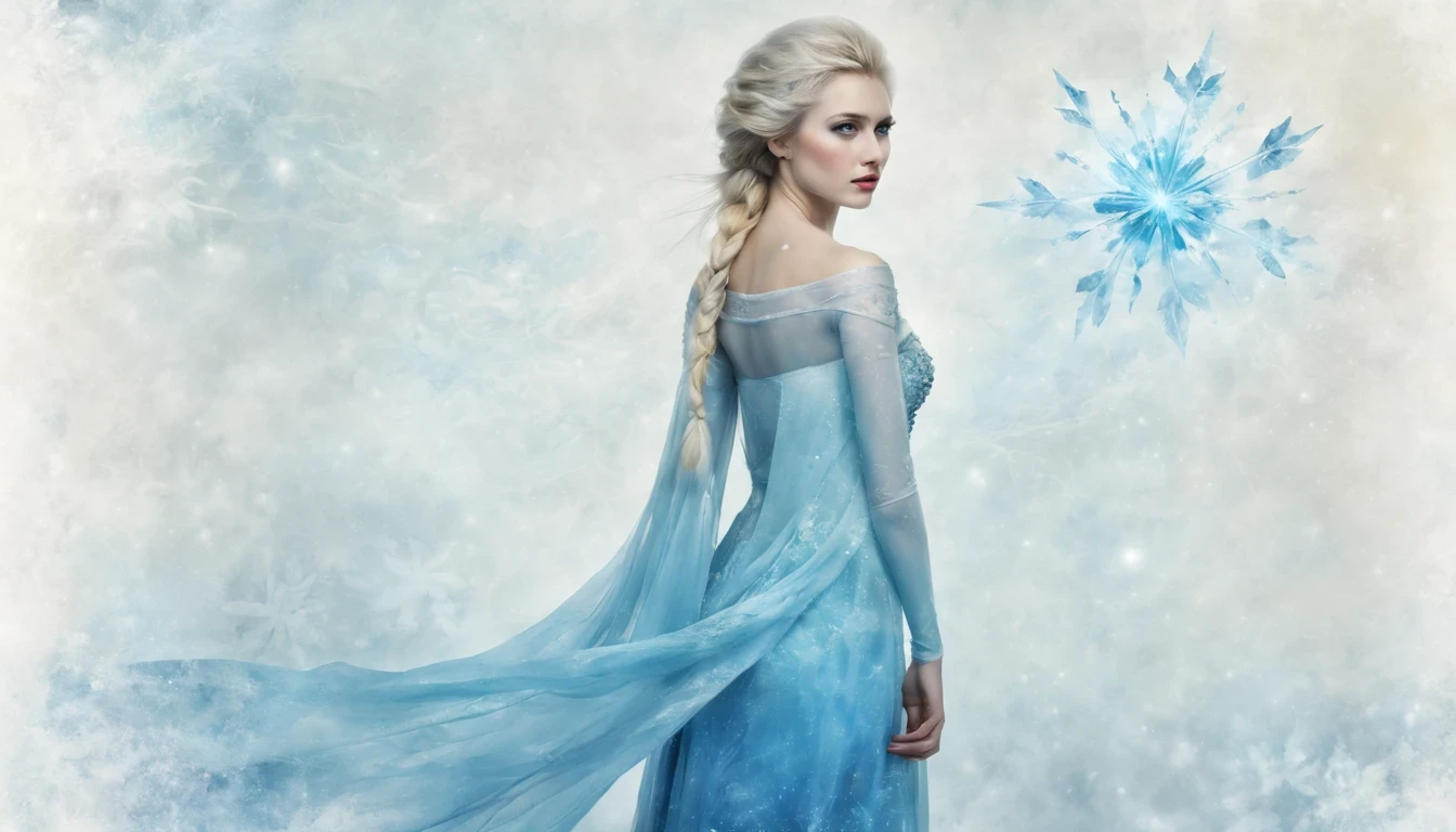 1 girl "Elsa Frozen com vestido branco e azul escuro longo", （Jogo King Card:1.5, simetria rotacional),Stephen Gammell,(cowboy shot), Minimalist compositions, requintada armadura de cristal，Fio Eletroluminescente, magic sparks, enchanted magical fantasy. Peach Blossom Land, heaven, Jogo CG, Hand Painted Style, 8k, Ultra HD |, arte digital conceitual, Azure azul e cinza,(Very detailed, Reasonable design, linhas claras, Alta nitidez, melhor qualidade, master part, 4k ).