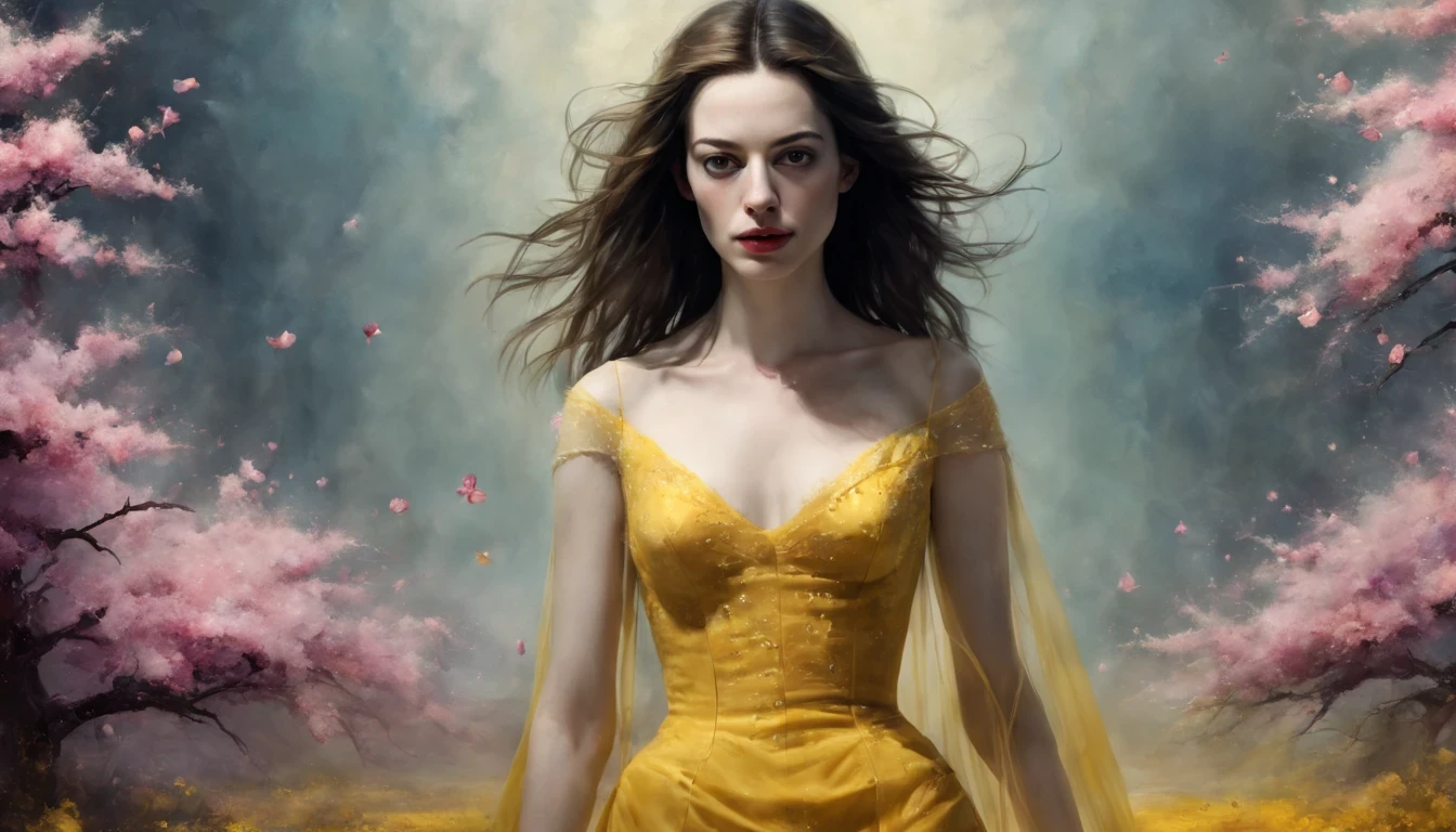 1 girl "Anne Hathaway com vestido amarelo e roxo escuro longo", （Jogo King Card:1.5, simetria rotacional),Stephen Gammell,(cowboy shot), Minimalist compositions, requintada armadura de cristal，Fio Eletroluminescente, magic sparks, enchanted magical fantasy. Peach Blossom Land, heaven, Jogo CG, Hand Painted Style, 8k, Ultra HD |, arte digital conceitual, Azure azul e cinza,(Very detailed, Reasonable design, linhas claras, Alta nitidez, melhor qualidade, master part, 4k ).