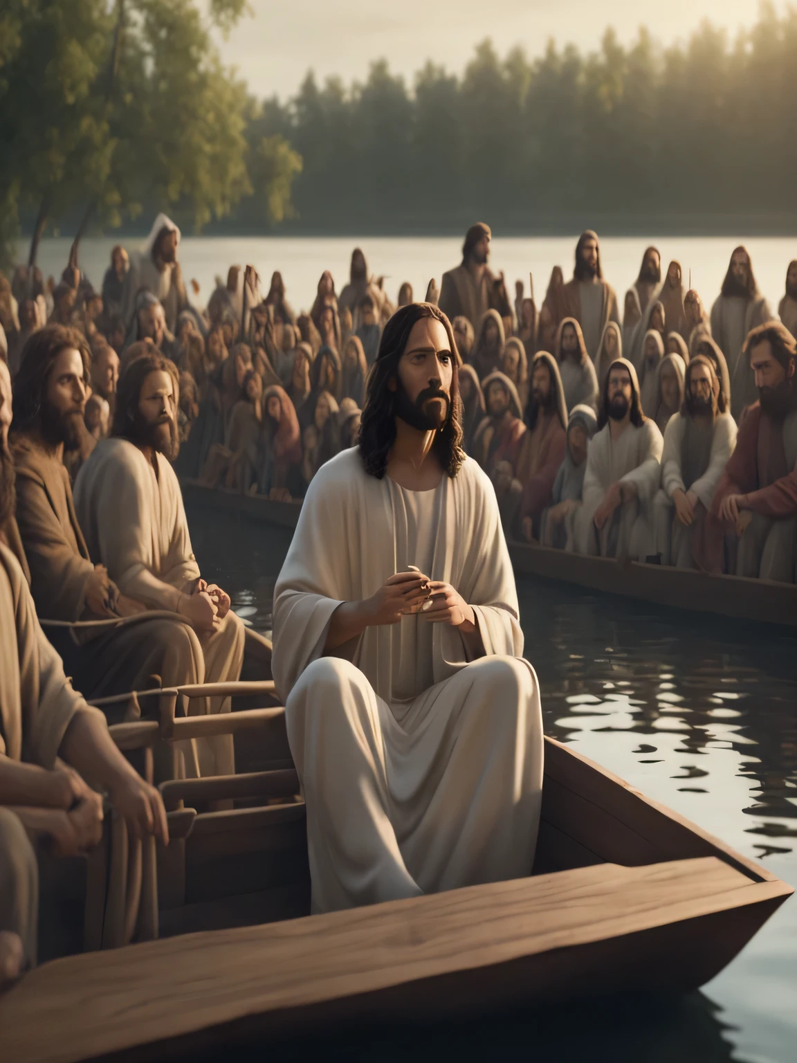 Jesus sitting in a boat with a crowd watching, Jesus walking on water, Jesus, Directed by: Artur Tarnowski, Jesus Cristo, Alexey Egorov, master part. renderizado no liquidificador, trending on 8k, Directed by: Kurt Roesch, master part work of art, epic biblical representation, jesus wasted at a party, Directed by: Maurice Winkelmann