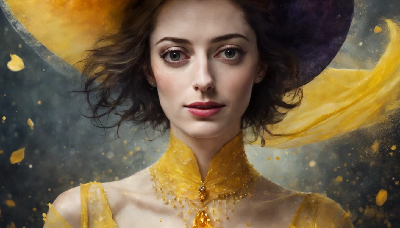 1 girl "Anne Hathaway com vestido amarelo e roxo escuro longo", （Jogo King Card:1.5, simetria rotacional),Stephen Gammell,(cowboy shot), Minimalist compositions, requintada armadura de cristal，Fio Eletroluminescente, magic sparks, enchanted magical fantasy. Peach Blossom Land, heaven, Jogo CG, Hand Painted Style, 8k, Ultra HD |, arte digital conceitual, Azure azul e cinza,(Very detailed, Reasonable design, linhas claras, Alta nitidez, melhor qualidade, master part, 4k ).