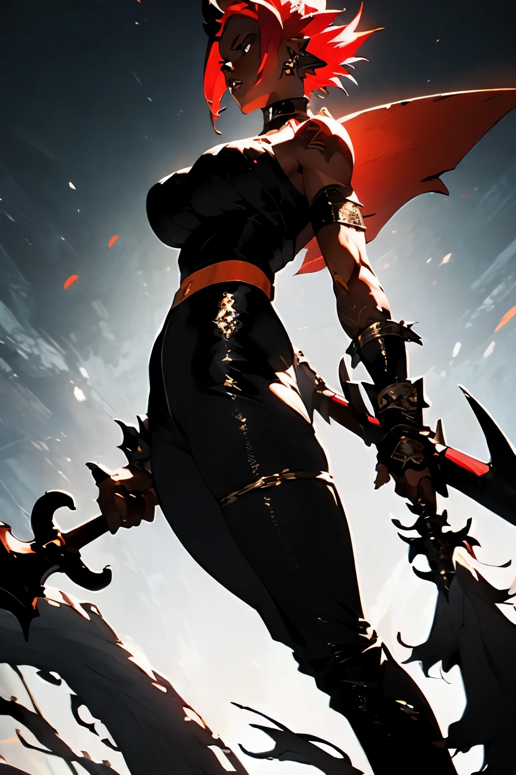 (Baldur's Gate 3), (fantasy), ((HQ)), ((realistic)), ((woman)), (solo), ((female)), (perfect), (()), (photorealistic), (Cinematic Illumination), (white hair), (shaved side hair:1.5), (tiefling), ((red skin:1.4)), (orange eyes), ((medium booblack oversize shirt), ((black:horns:1.3)), (black skin pants:1.2), (big axe:1.5), fire, hell, black pants, imp tail, closed mouth, ((muscleemale abs), (muscular), warrior, strength, power, punk, barbarian
