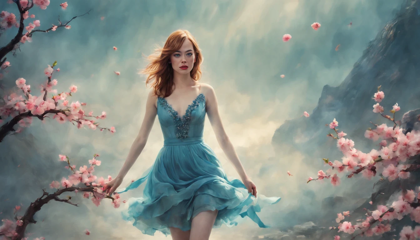 1 girl "Emma Stone com vestido vinholongo", （Jogo King Card:1.5, simetria rotacional),Stephen Gammell,(cowboy shot), Minimalist compositions, requintada armadura de cristal，Fio Eletroluminescente, magic sparks, enchanted magical fantasy. Peach Blossom Land, heaven, Jogo CG, Hand Painted Style, 8k, Ultra HD |, arte digital conceitual, Azure azul e cinza,(Very detailed, Reasonable design, linhas claras, Alta nitidez, melhor qualidade, master part, 4k ).