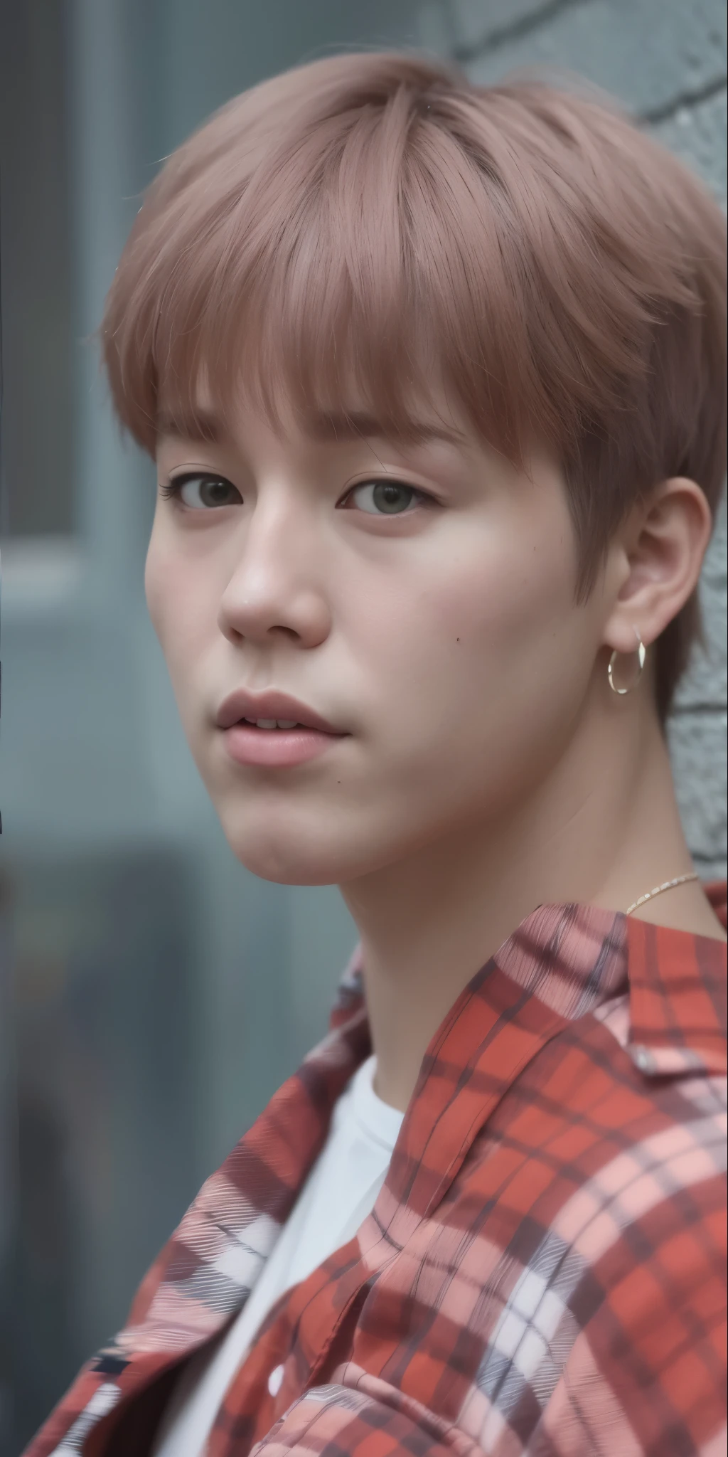 un primer plano de una persona con una camisa roja y una pared de ladrillos, park Jimin, accurate Jimin face, Jimin\labios regordetes, Jimin, Jimin\Nariz griega de, Jimin\swollen right eyelid, orange hair