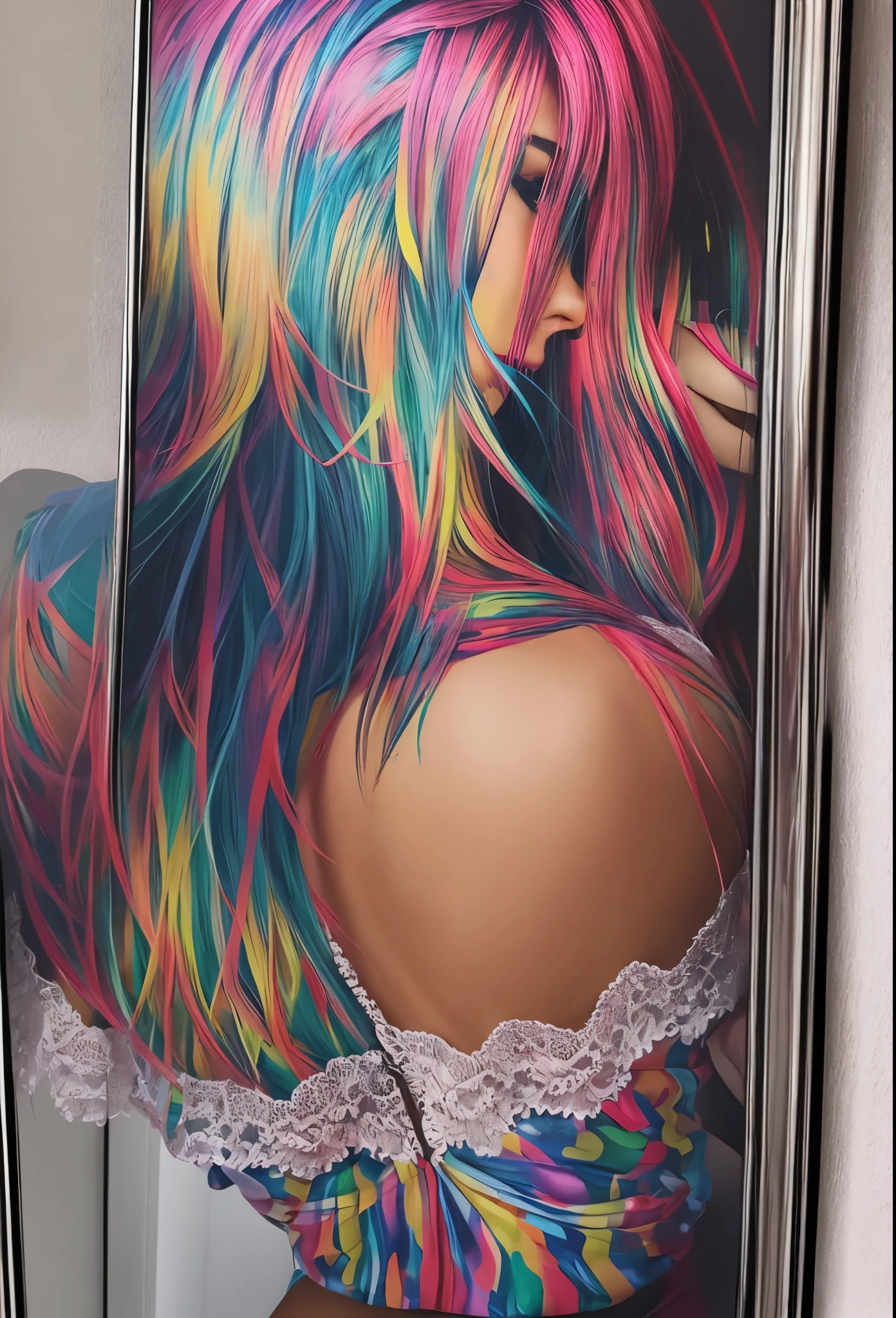 (masterpiece, best quality), 2girls, young teen, ((two doing makeup in front of mirror:1.3)), vibrant colors, bright, white, watercolor, (small breats:1.2), (naked:1.4), (close up shot:1.3), (very small sexy t-shirt top:1.5), (wet:1.5)