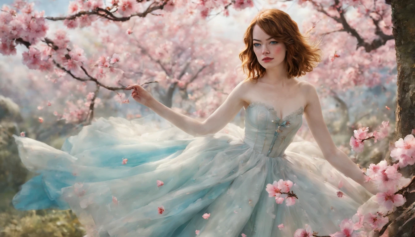 1 girl "Emma Stone com vestido vinholongo", （Jogo King Card:1.5, simetria rotacional),Stephen Gammell,(cowboy shot), Minimalist compositions, requintada armadura de cristal，Fio Eletroluminescente, magic sparks, enchanted magical fantasy. Peach Blossom Land, heaven, Jogo CG, Hand Painted Style, 8k, Ultra HD |, arte digital conceitual, Azure azul e cinza,(Very detailed, Reasonable design, linhas claras, Alta nitidez, melhor qualidade, master part, 4k ).