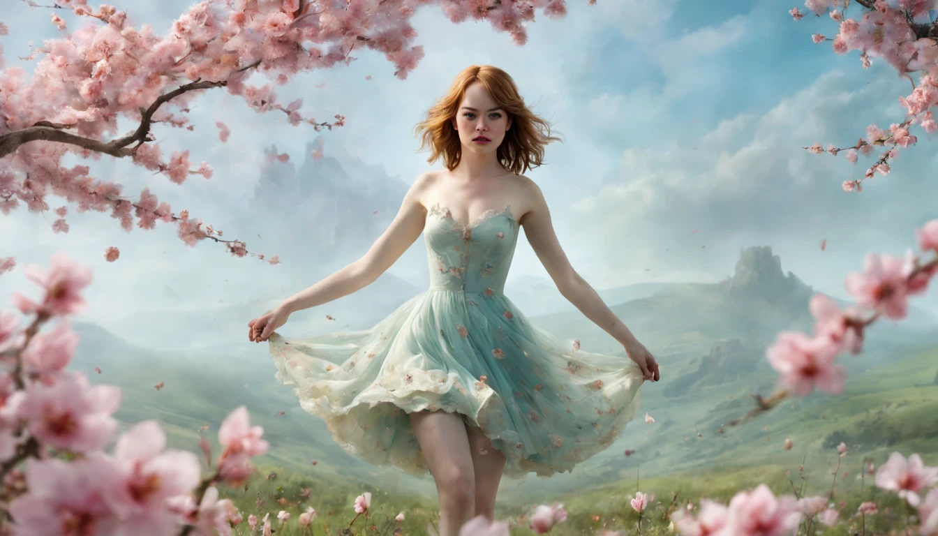 1 girl "Emma Stone com vestido vinholongo", （Jogo King Card:1.5, simetria rotacional),Stephen Gammell,(cowboy shot), Minimalist compositions, requintada armadura de cristal，Fio Eletroluminescente, magic sparks, enchanted magical fantasy. Peach Blossom Land, heaven, Jogo CG, Hand Painted Style, 8k, Ultra HD |, arte digital conceitual, Azure azul e cinza,(Very detailed, Reasonable design, linhas claras, Alta nitidez, melhor qualidade, master part, 4k ).