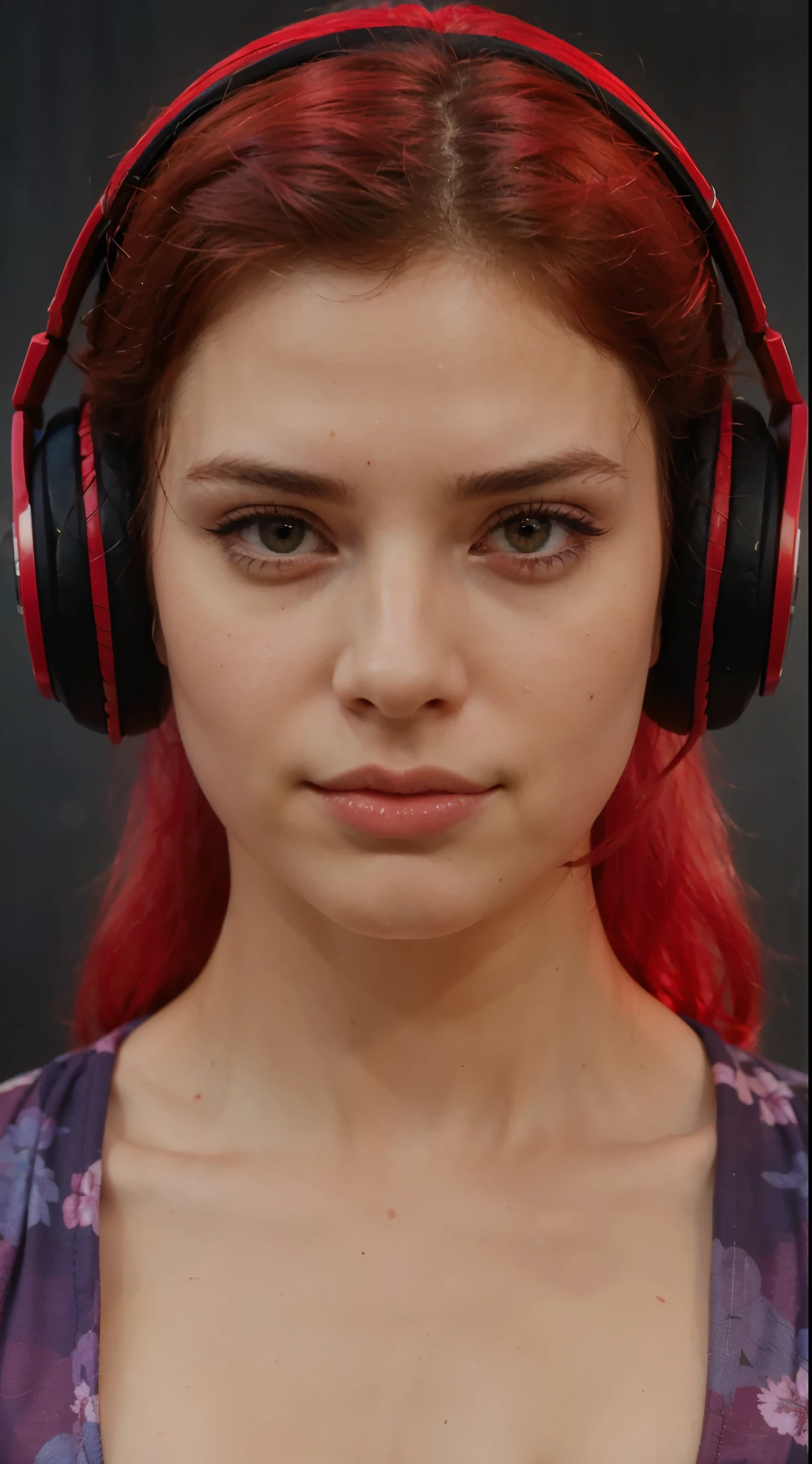 (masterpiece),(best quality:1.0),(ultra highres:1.0), beautiful girl, makeup, detailed beautiful, face focus, red hair, pink bra, skinny, headphones red, norway face, wallpaper 8k