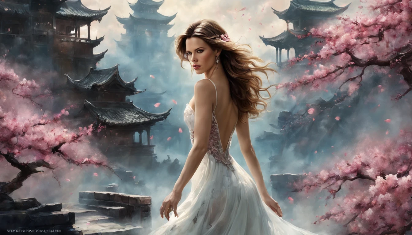 1 girl "Kate Beckinsale com vestido branco e vinho escuro longo", (Jogo King Card:1.5, simetria rotacional),Stephen Gammell,(cowboy shot), Minimalist compositions, requintada armadura de cristal,Fio Eletroluminescente, magic sparks, enchanted magical fantasy. Peach Blossom Land, heaven, Jogo CG, Hand Painted Style, 8k, Ultra HD |, arte digital conceitual, Azure azul e cinza,(Very detailed, Reasonable design, linhas claras, Alta nitidez, melhor qualidade, master part, 4k ).