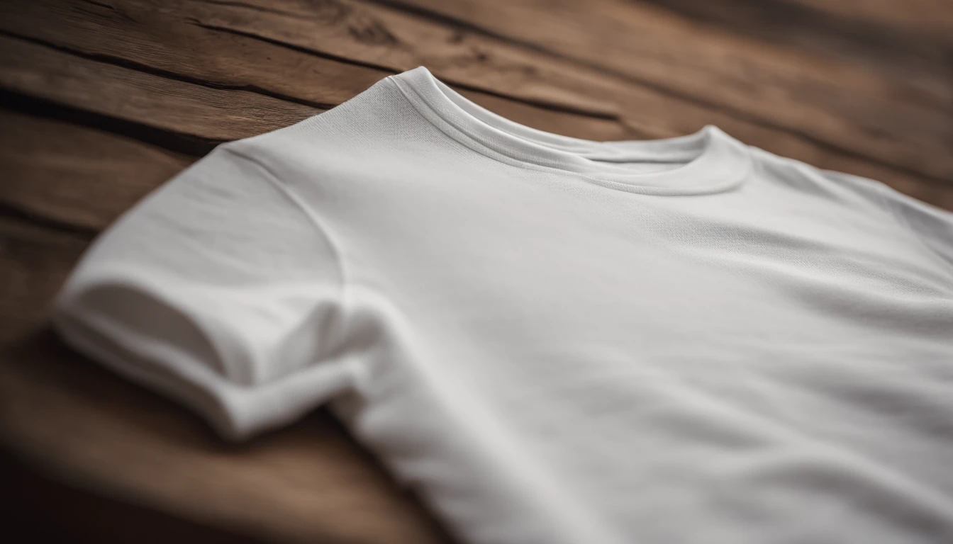a close-up shot of a white t-shirt on a wooden background, highlighting the texture and softness of the fabric, while providing a natural and organic setting for the design to be showcased