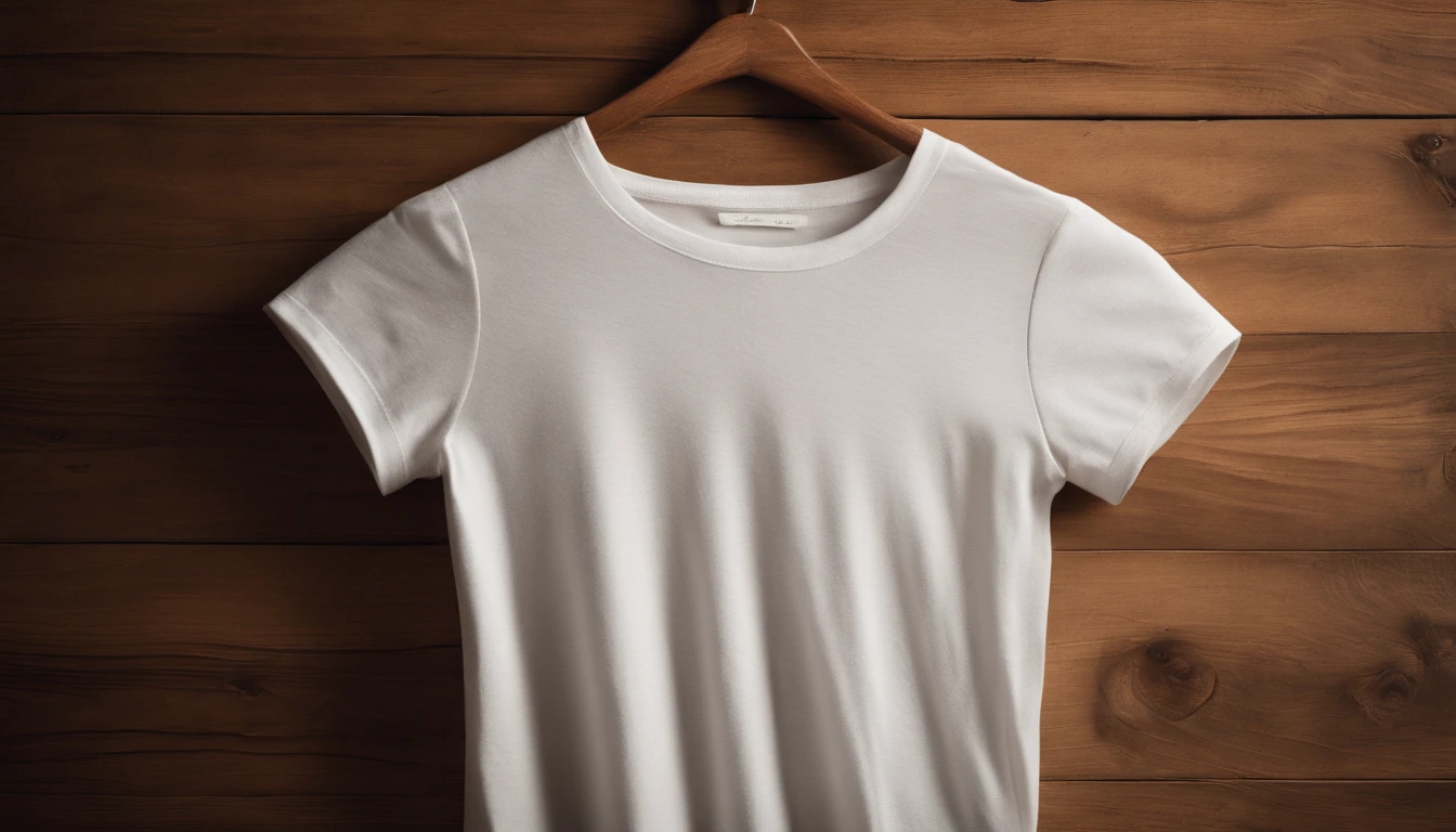 a top-down shot of a white t-shirt placed on a wooden hanger against a wooden background, providing a simple and elegant presentation of the design, as if it were ready to be worn