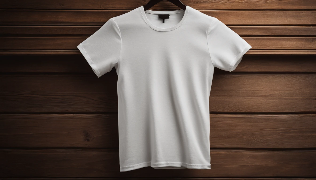 a top-down shot of a white t-shirt placed on a wooden hanger against a wooden background, providing a simple and elegant presentation of the design, as if it were ready to be worn