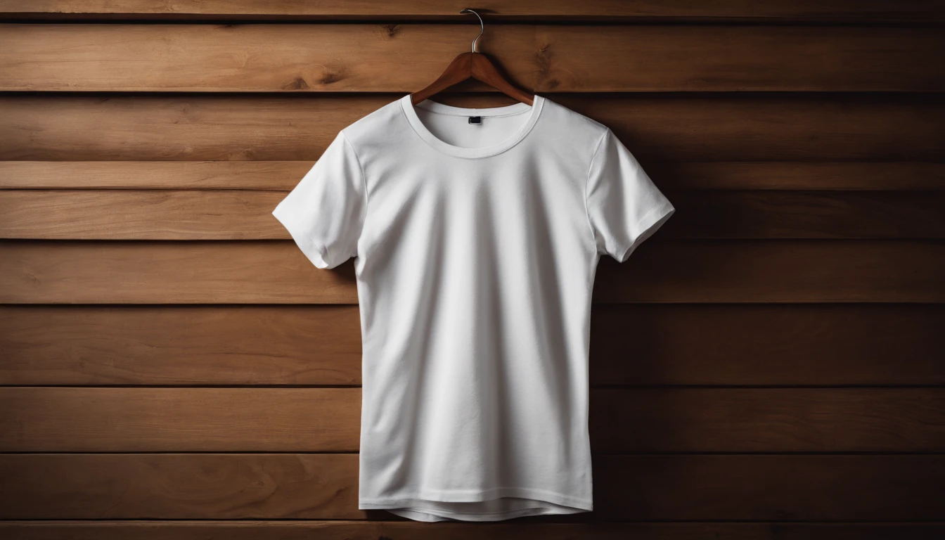 a top-down shot of a white t-shirt placed on a wooden hanger against a wooden background, providing a simple and elegant presentation of the design, as if it were ready to be worn