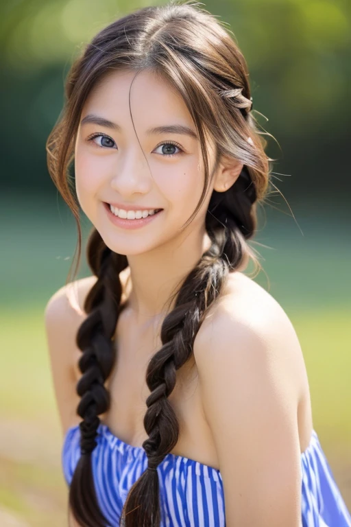 ((bestquality)), ((masterpiece)), (Detailed), perfect face,,Half-Thai-Japanese girl with a young face,small blue eyes,Celebrity nose,Little mouth, beautiful smile,Long blue braided hair,standing naked outdoors