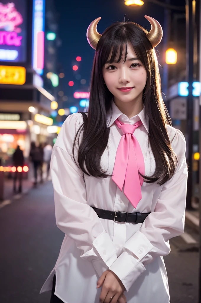 1 girl, Pink Long Hair, Red Horn, blouse with a white collar, black necktie, light smile, yellow-eyed, medium burn_strength,, buildings,stores,Town streets, Gloomy sky, scenecy,neonlight,nightcity, Japanese lyrics,, , absurd res, 詳細な目, The is very detailed, Volumetriclighting, actual, actual lighting, 8K, 电影灯光, depth of fields, perfect pubic, ultra - detailed, photoactual, ultra actual, actual light, hard lighting, Complicated details, stop motion, Tone-mapping, Focus sharp, ultra - detailed,