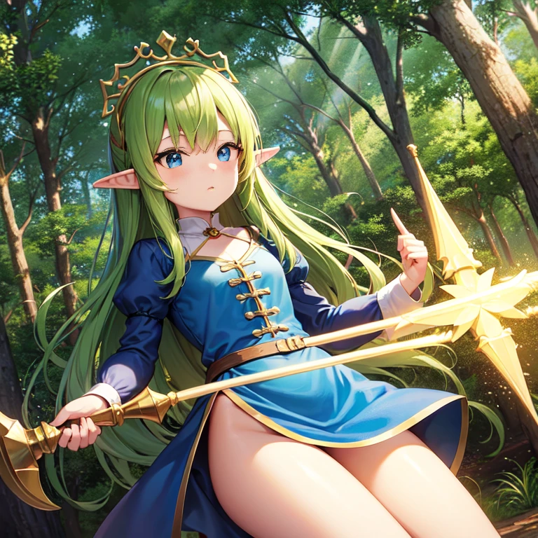 Anime image of an elf girl with a small body is holding a magic staff and is wearing medieval clothes and is in a forest