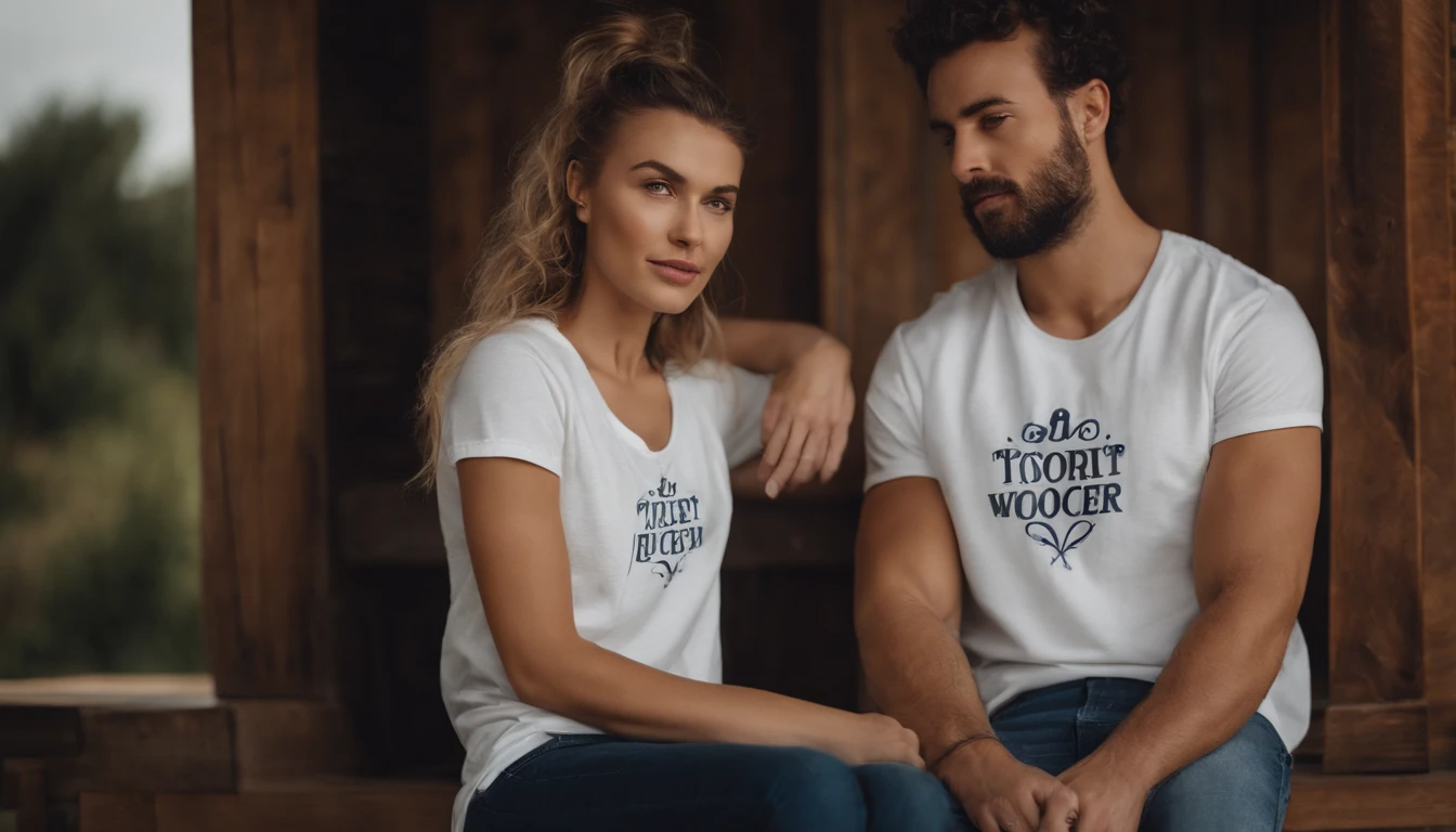 a lifestyle shot of a model wearing a white t-shirt on a wooden background, with the design prominently displayed on the front, showcasing how the design looks when worn and adding a sense of authenticity and relatability to the mockup