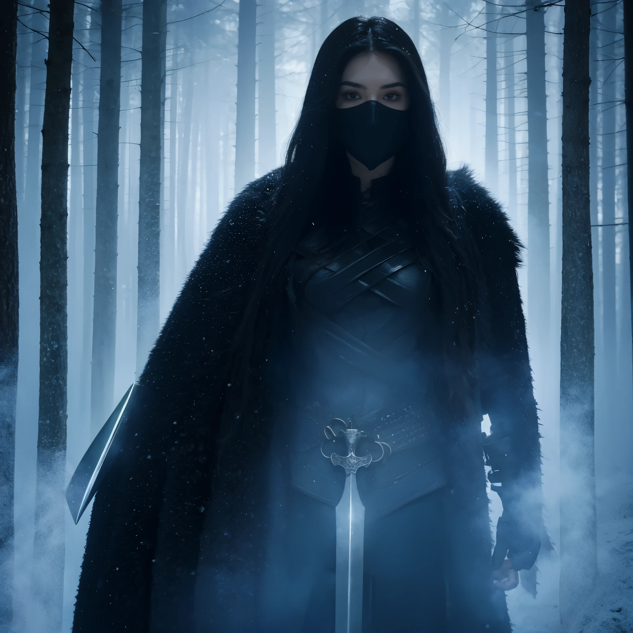 Tall woman in shiny black armor, His face is not visible, half of the face is covered with a black mask, she has beautiful shapes, she has beautiful eyes, she has long black hair, His entire body is covered with shiny black armor, He's in a snowy forest, Hell is all around him, Underworld, 血, Corpses, gloom, greyness, sorrow, Next to him is a giant sword, beste-Qualit, superb quality, Excellent quality, better lighting, 8K, Ultra HD