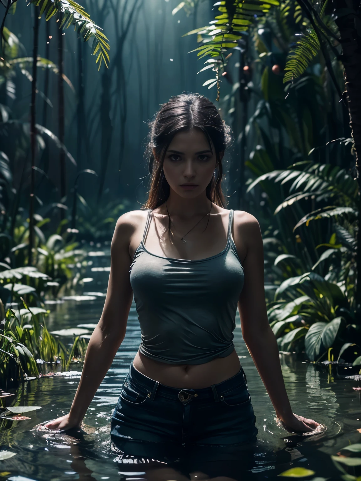 (Best Quality,4k,8K,hight resolution,Masterpiece:1.2),amazing epic illustration,woman indulges in shameful fetish,drowning in a swamp,faded jeans and blouse,詳細な目,focused expression,gloomy atmosphere,DARK SETTING,Eerie lighting,Dramatic shadows,tired of appearance,Fascinating backstory,Obsessively beautiful,Tangled vegetation,Mystical Charm,An unforgettable scene,Obscurity,Lush colors,Dynamic composition,hand painting technique,dramatic brush strokes,Surreal Elements,Symbolism,Impressive level of detail,ultra-realistic render,Emotional Intensity,Contrast between light and dark,Fine Textures,Superb craftsmanship,Imagination Plays Out.