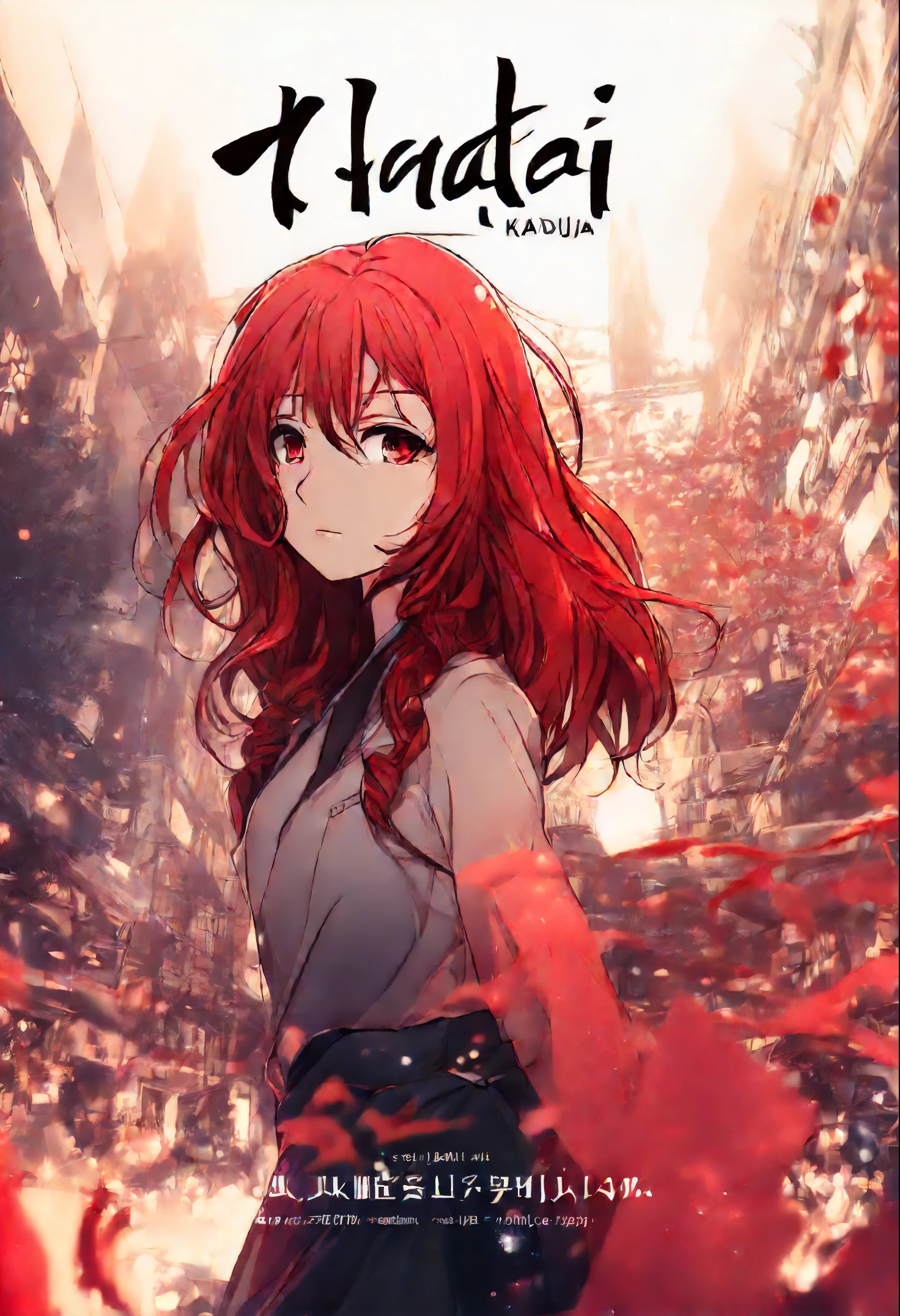 1girl, red hair, anime style, anime, with title "khadija " on it ,Movie Poster, MoviePosterRedAF, ,