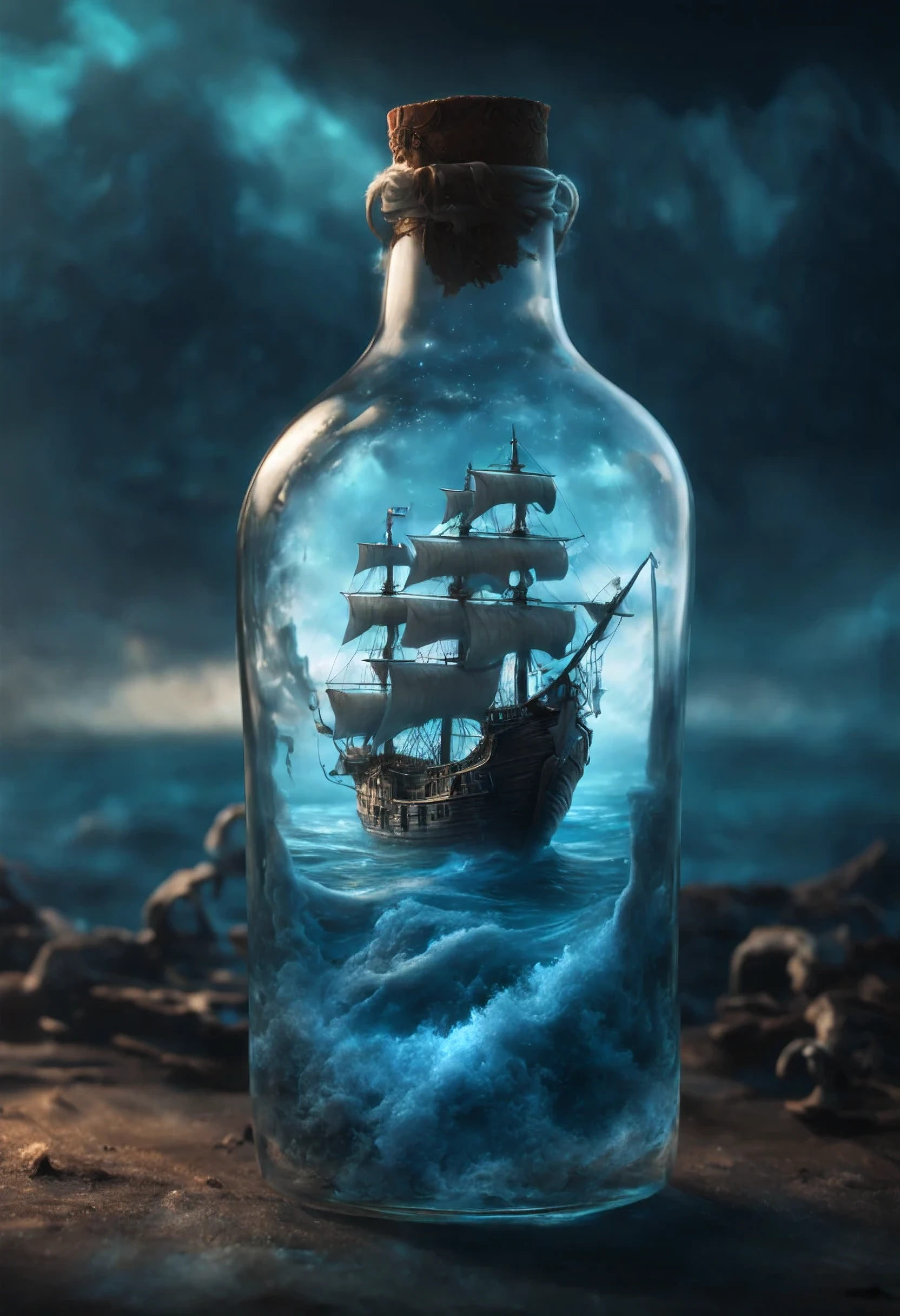 a glass bottle on its side containing a translucent blue nebula Sea and Majestic Pirate Ship, ethereal, Cinematic, backlit, eerie Trending on Artstation, ultra detailed, matte painting, photo, arnold renderer Imported for testing. Come back. Creative and then upbeta.