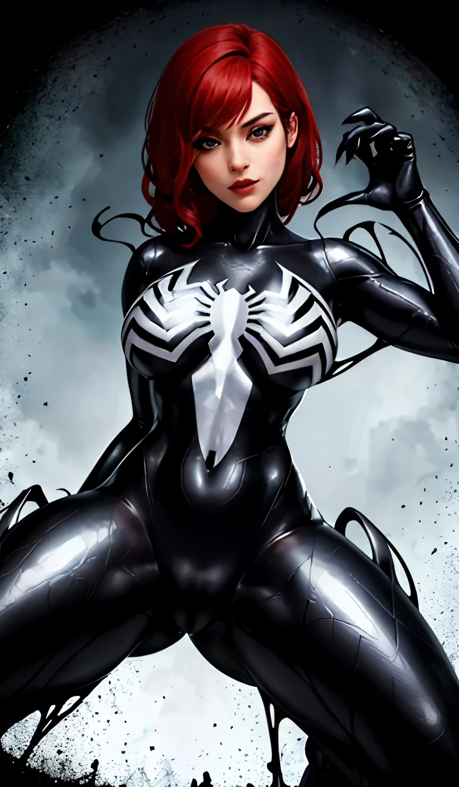 4K,realisticlying,Glamorous,The very detailed,There a girl in Dingcheng,Red hair,Wearing a black Spider-Man costume,(Black and white:1.4) the night,symbiote,venomize,a large amount of mucus,she a spiderman,Black superhero theme,In front of the sky,Flushed complexion,( Open legs, camel-toe,, Vulvar shape:1.3),(GGCameltoe:1.3)Legs apart,25 age old,full bodyesbian