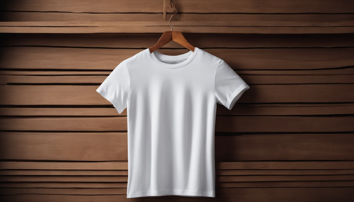 a creative shot of a white t-shirt folded and arranged on a wooden background in a visually appealing pattern, adding an artistic and unique touch to the mockup presentation
