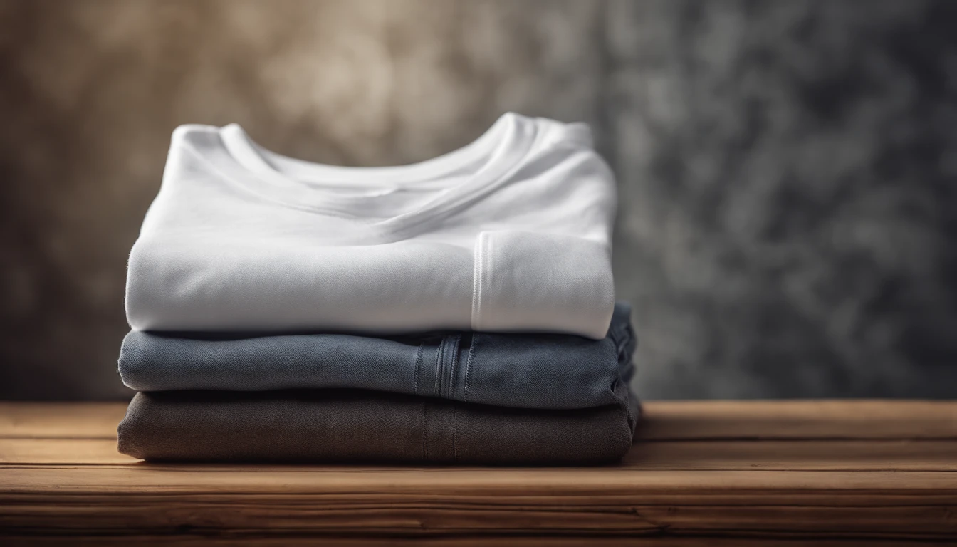 a creative shot of a white t-shirt folded and arranged on a wooden background in a visually appealing pattern, adding an artistic and unique touch to the mockup presentation