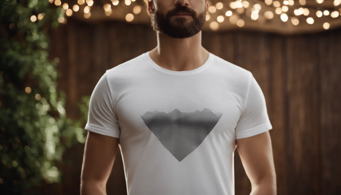 a high-resolution shot of a white t-shirt on a wooden background, with the design seamlessly integrated into the fabric, creating a realistic and immersive mockup that allows viewers to envision how the design would look on a physical garment