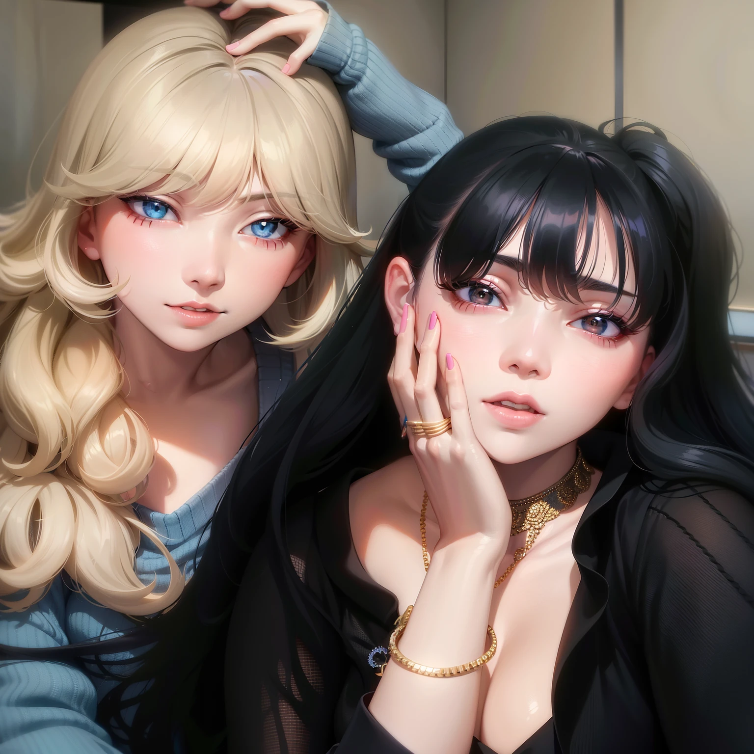 two women with long hair posing for a picture in a room, ulzzang, popular south korean makeup, long hair with full bangs, nixeu and sakimichan, long hair with bangs, with full bangs, popular korean makeup, she has black hair with bangs, long white hair and bangs, lalisa manobal, sakimichan, with bangs