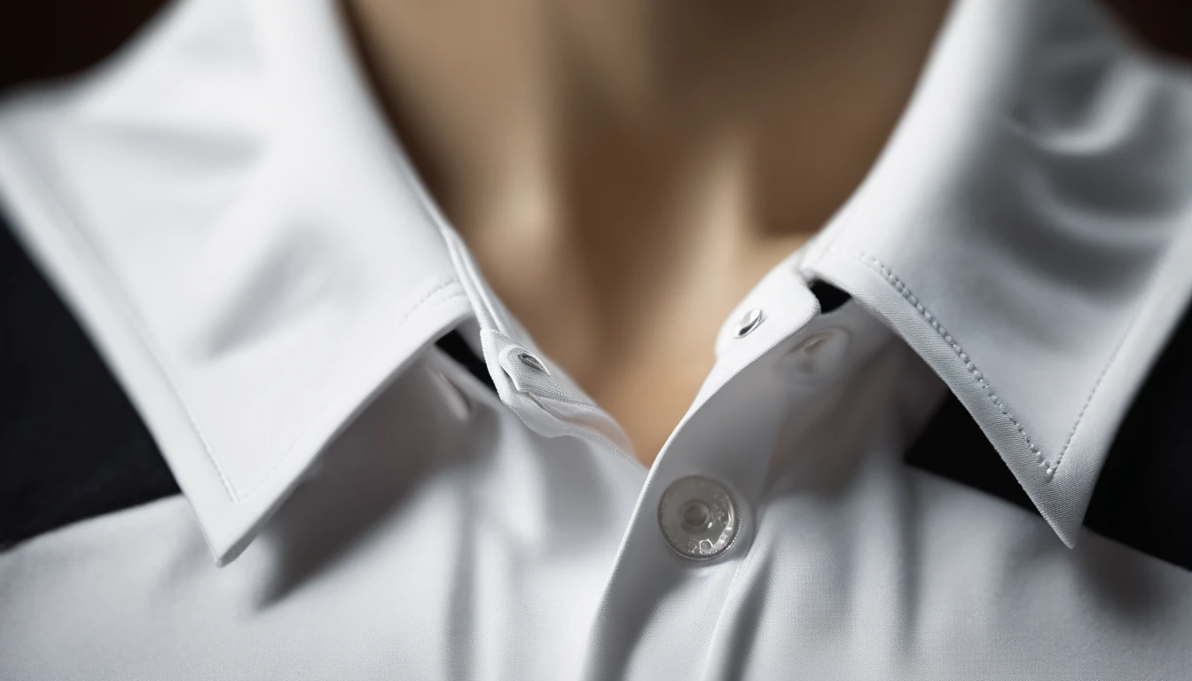 a detail shot of a white t-shirt’s collar and neckline on a wooden background, focusing on the subtle stitching and construction details, providing a close-up view that highlights the craftsmanship of the garment