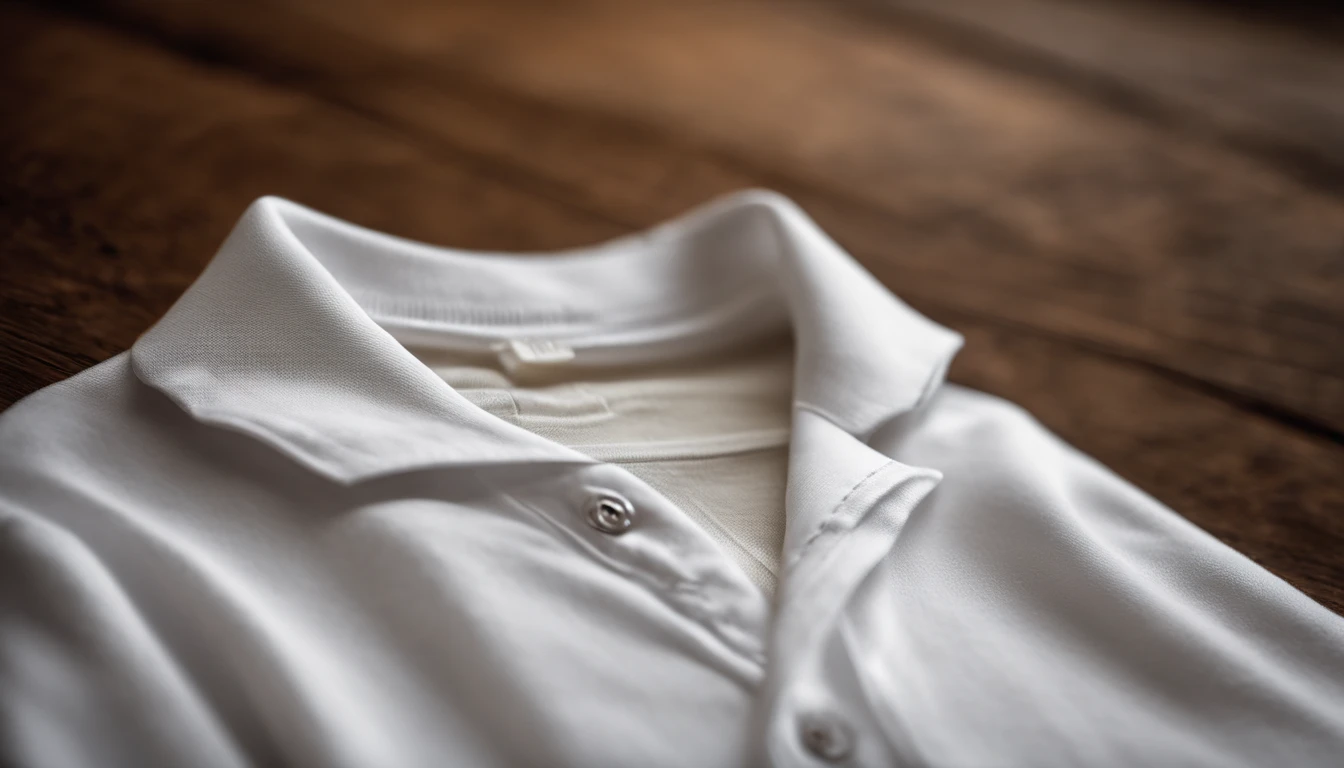 a detail shot of a white t-shirt’s collar and neckline on a wooden background, focusing on the subtle stitching and construction details, providing a close-up view that highlights the craftsmanship of the garment