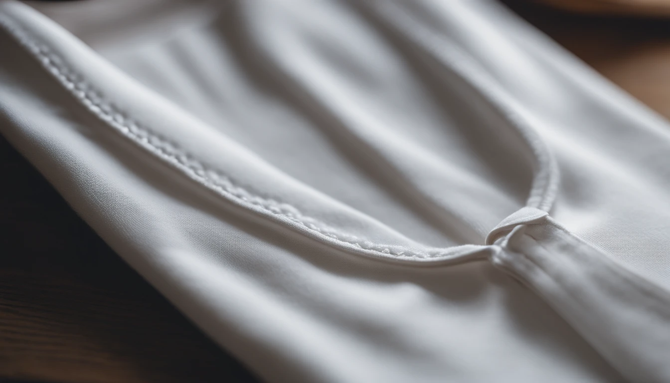 a detail shot of a white t-shirt’s collar and neckline on a wooden background, focusing on the subtle stitching and construction details, providing a close-up view that highlights the craftsmanship of the garment