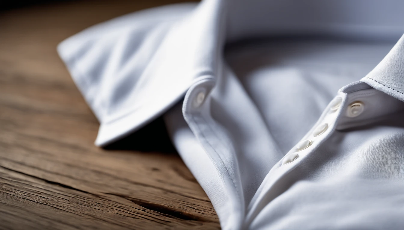 a detail shot of a white t-shirt’s collar and neckline on a wooden background, focusing on the subtle stitching and construction details, providing a close-up view that highlights the craftsmanship of the garment