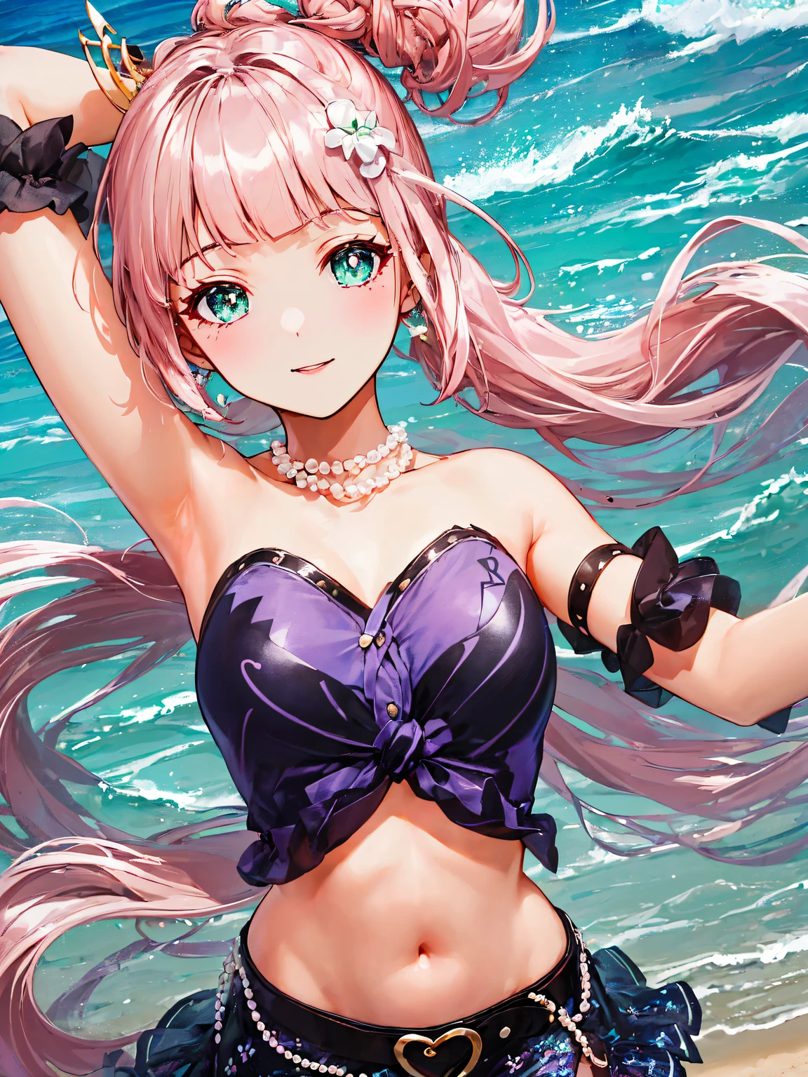 (((Pearl pink hair,Emerald pupil beautiful beach,))((Short purple shirt,Blue miniskirt,raise both arms,))))))(the face红), (Geometric:1.1), ((1 girl,Amazing Cleavage,Seductive girl，Alone，aiming at viewer,))(tmasterpiece,Best quality at best, offcial art, Beautiful big breasts and big breasts aesthetic:1.2),(16k),((A sagging breast,mediuml breasts)),(physically-based renderingt),Focus sharp, (((highdetailskin,))),Costume details are intricate，Delicate pupils,((((shinny hair|detailed头发|Half bangs|Undercut|Knot topping|low ponytail|long whitr hair,)))),Elongated,(tmasterpiece侧光),(The sheen),(beautiful hairl,Beautiful eyelur background,bokeh:50 millimeterceedingly_detailed_The eye_big breasts and big breasts_the face)),Movie Girl,(dynamicposes: 1.2),outstanding