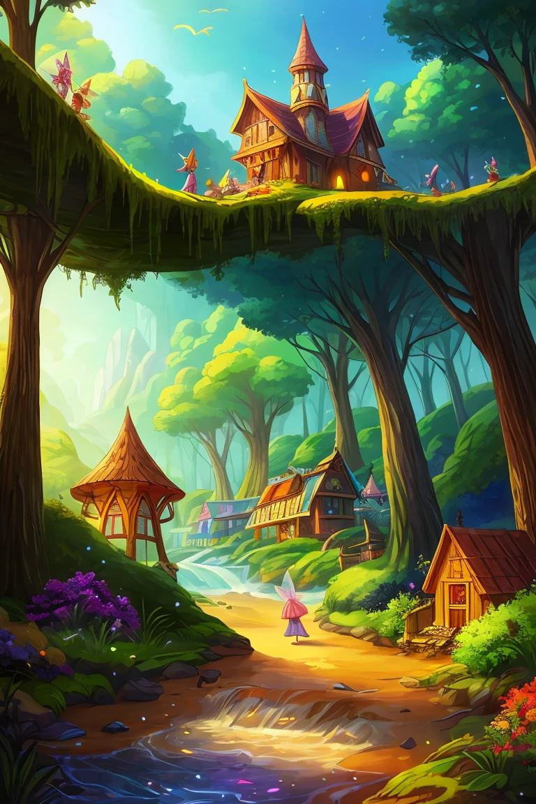 Colorful woods,Cartoon illustration of fantasy forest with tree house and stream, colorful concept art, made of tree and fantasy valley, arte de fundo, fairy kingdom forest, Stylized concept art, enchanted magical fantasy forest, magical fantasy 2 d concept art, fairy tale style background, a bustling magical town, whimsical fantasy landscape art, elf forest background, medeival fantasy town