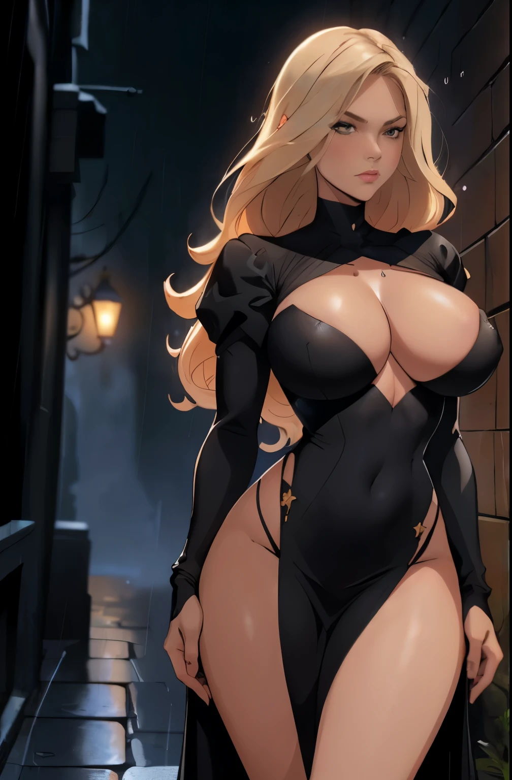 mujer rubia , pelo largo rubio , rubia , cuerpo completo , grandes tetas, gran trasero, voluptuoso, piernas abiertas , pose sexy , escote , vestido fiesta negro, vestido transparente , abierto de piernas, medias negras , tacones negros , ajustado , sexy , peson , dark alley and rain