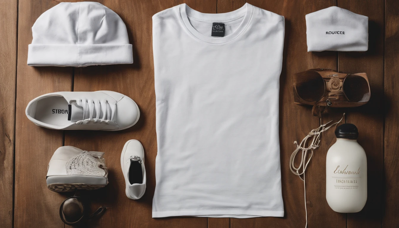 a high-angle shot of a white t-shirt laid out flat on a wooden background, with various design mockups displayed side by side, offering a range of options and perspectives for showcasing the design to potential clients or customers