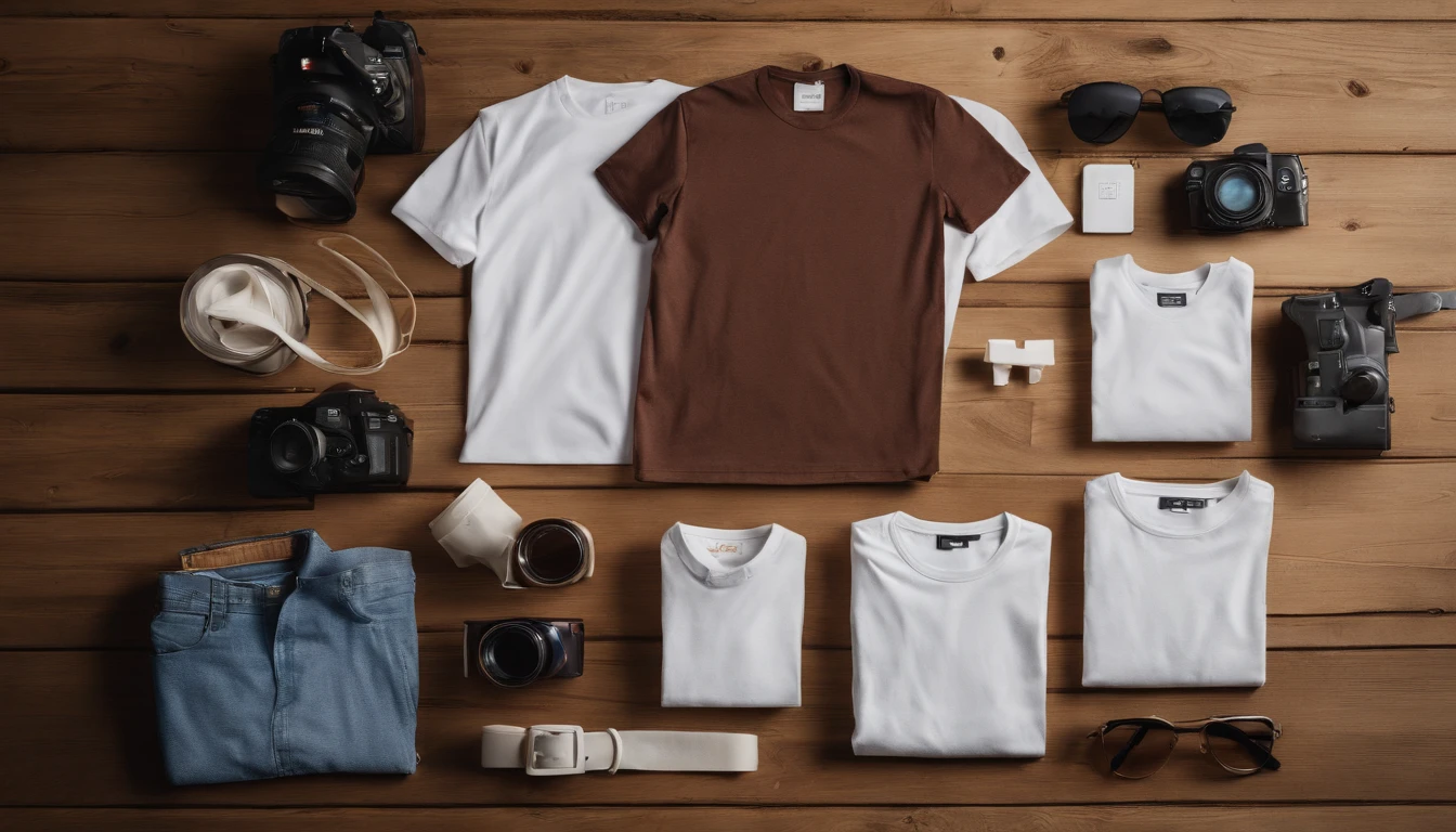 a high-angle shot of a white t-shirt laid out flat on a wooden background, with various design mockups displayed side by side, offering a range of options and perspectives for showcasing the design to potential clients or customers
