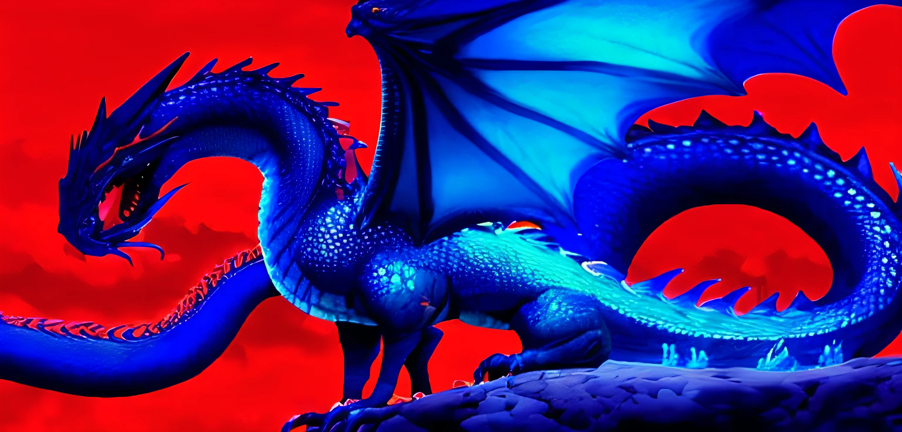 realistic art of a dragon with a blue tail and a black tail, blue scaled dragon, but as a feral dragon, as a feral dragon, red background, blue dragon, young male feral dragon, but as a dragon, ( ( dithered ) )