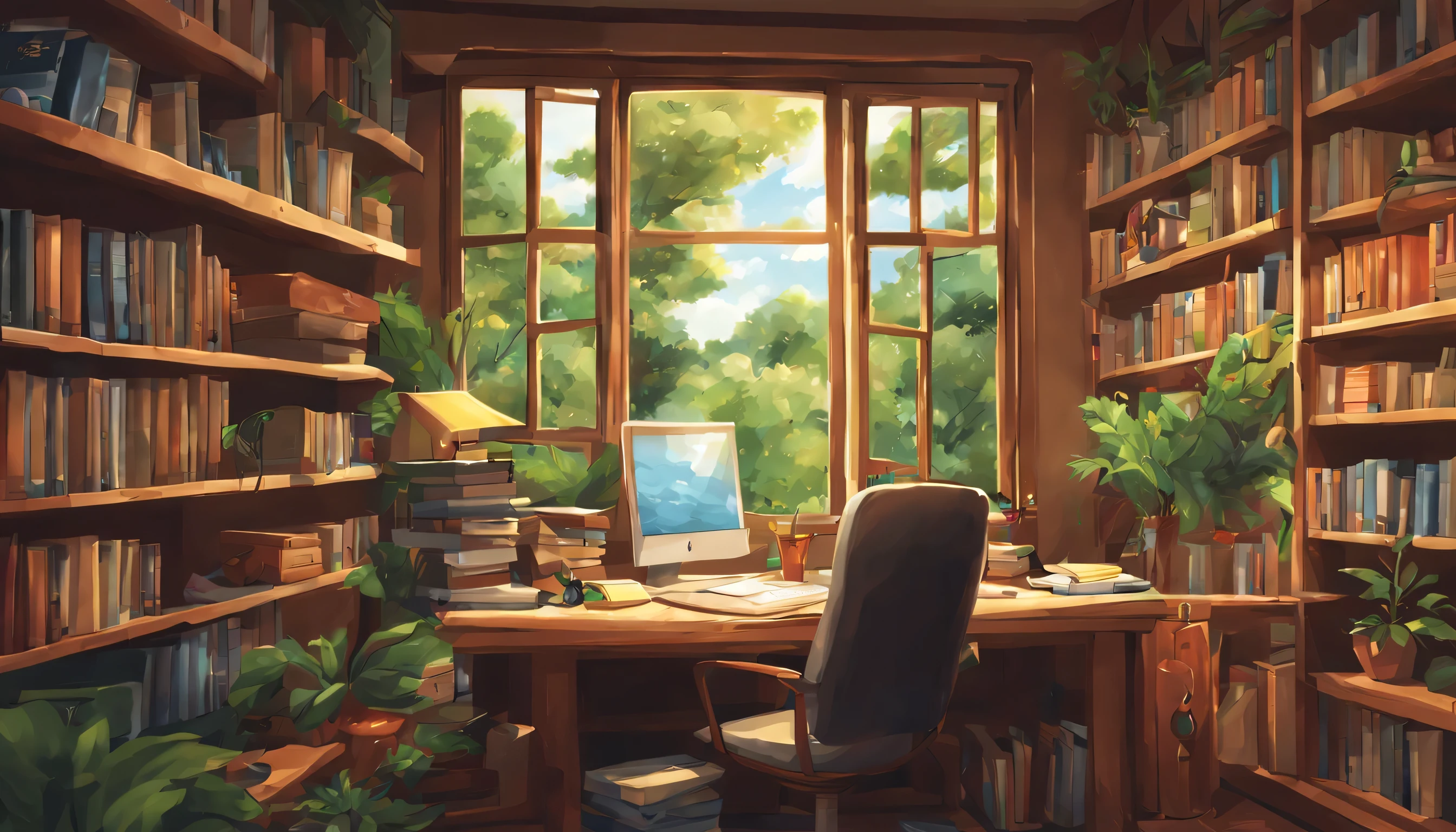 sala de estudos, mesa, computador, monitorar bela imagem da natureza, estante, disco Rigido, alta qualidade, best quality, Altas, alta qualidade, Detalhes altos, master part, estilo anime, anime