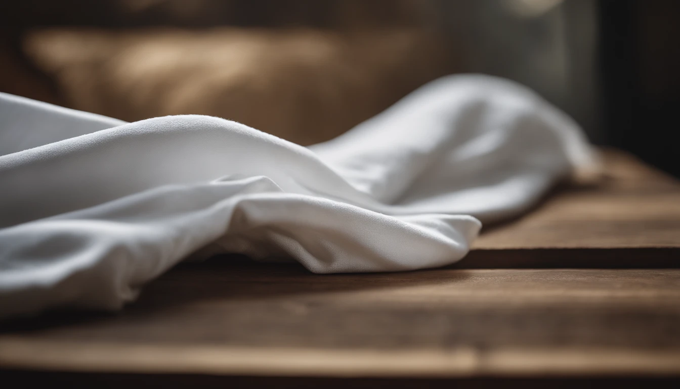 a dynamic shot of a white t-shirt on a wooden background, with the fabric billowing or draped in an interesting way, adding movement and visual interest to the mockup while still allowing the design to be prominently featured