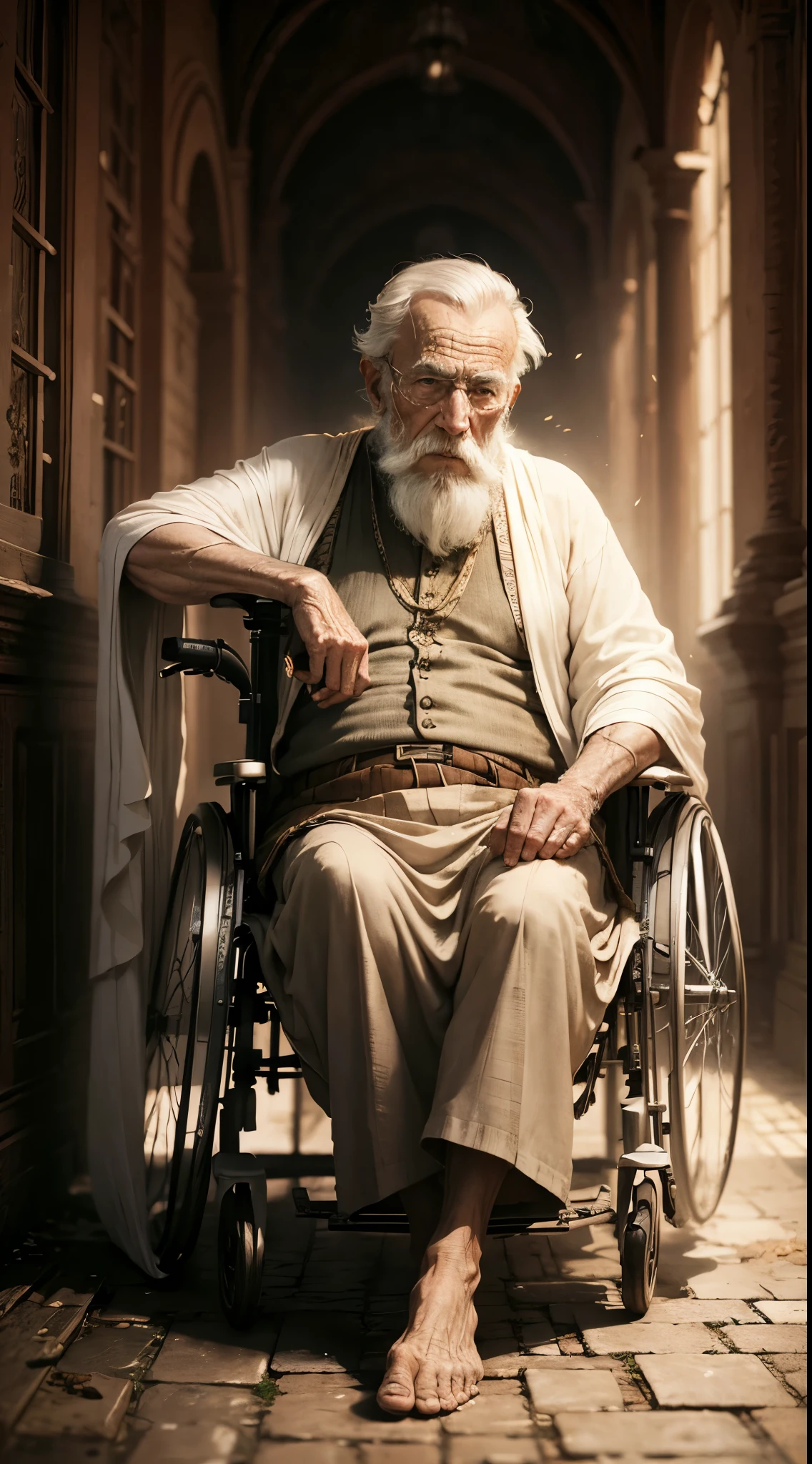 Old man, sitting on a wheelchair, very old,white Shawl