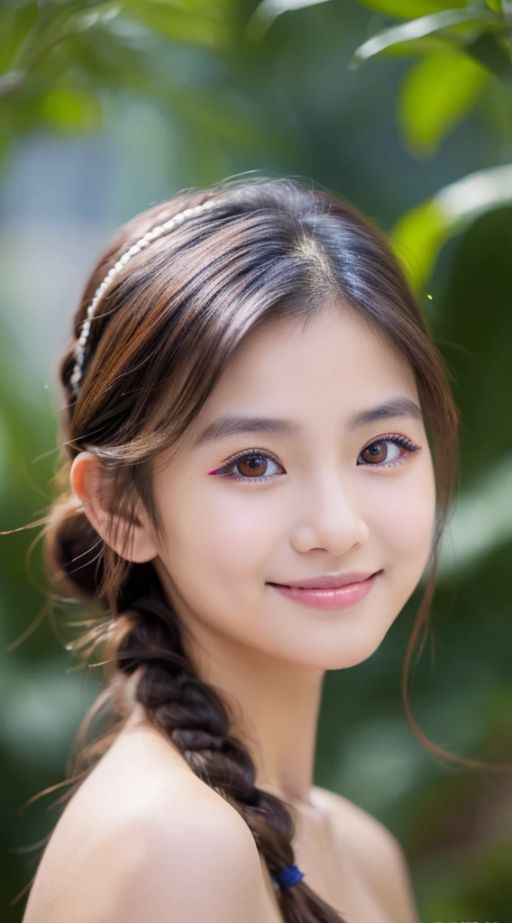 ((bestquality)), ((masterpiece)), (Detailed), perfect face,,Half-Thai girl with a young face,Small eyes((blue eyeliner)),small nose,Little mouth, beautiful smile,Long red-pink braided hair,naked, small breasts