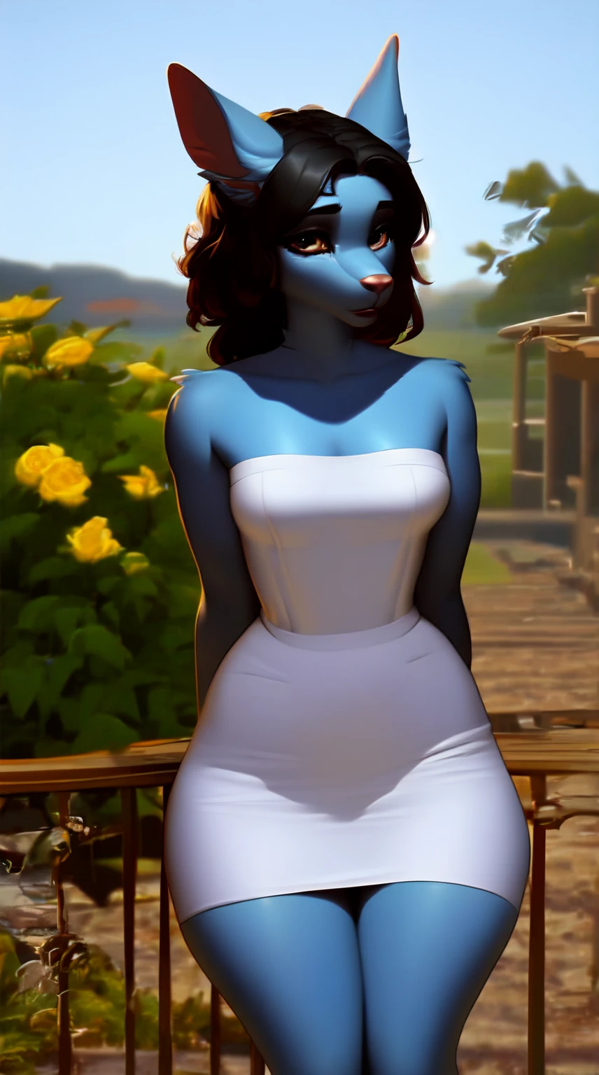 (score_9), (uploaded to e621), ((anthro oc1.1)), (strapless dress), worried look, messy hair, sad face, frowning, anatomically correct, night garden, small breasts, half body, solo, hourglass figure, curvy, plump body, arms behind back, thick thighs, cute, high res, facing straight at viewer, 8k, beautiful portrait,