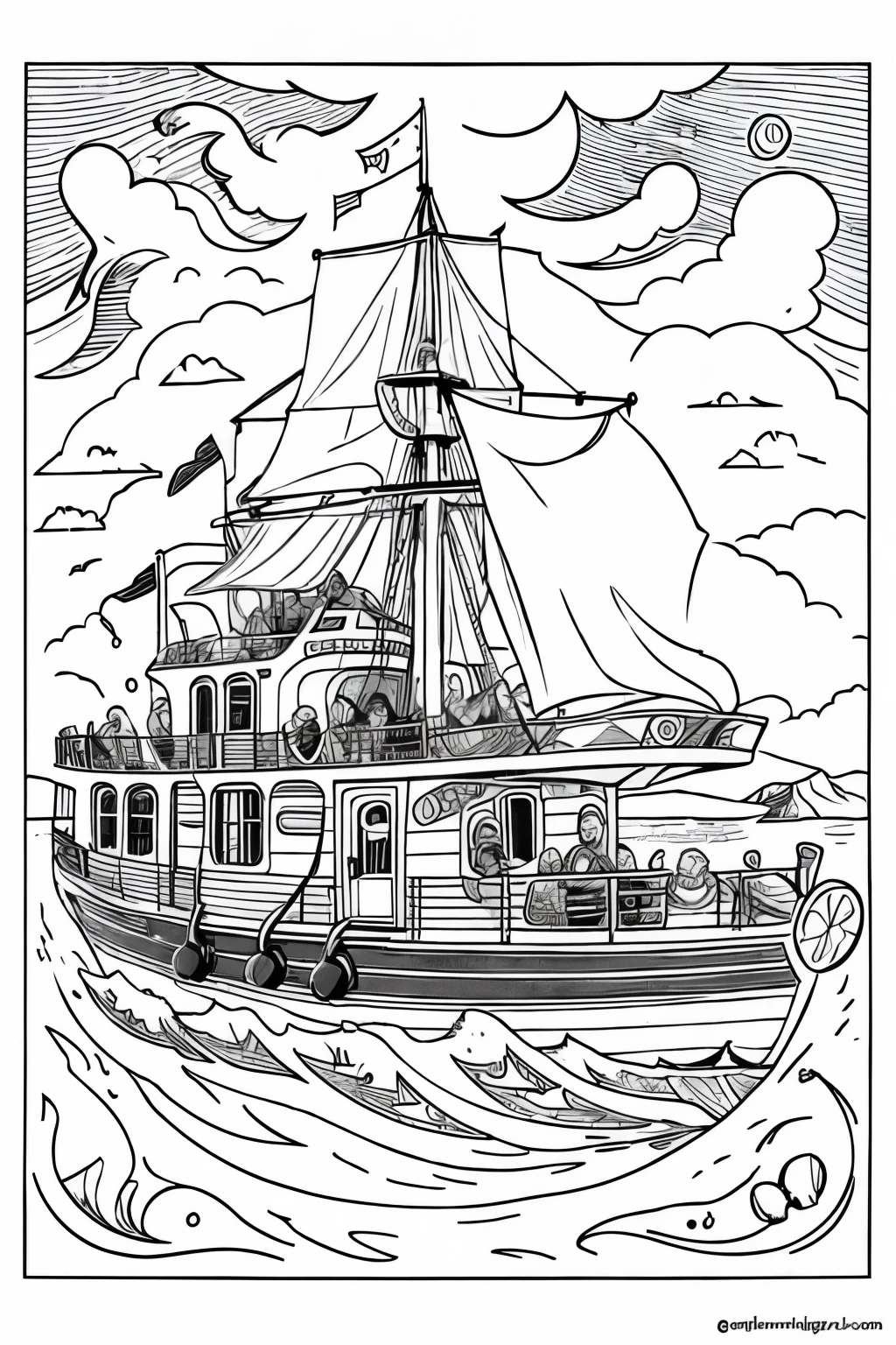 A colorful coloring page of Noah's Ark with a smiling Noah, his family, and all the animals of the world happily boarding the ark. The sky is blue and sunny, and the animals are all different shapes and sizes, from tiny insects to large mammals